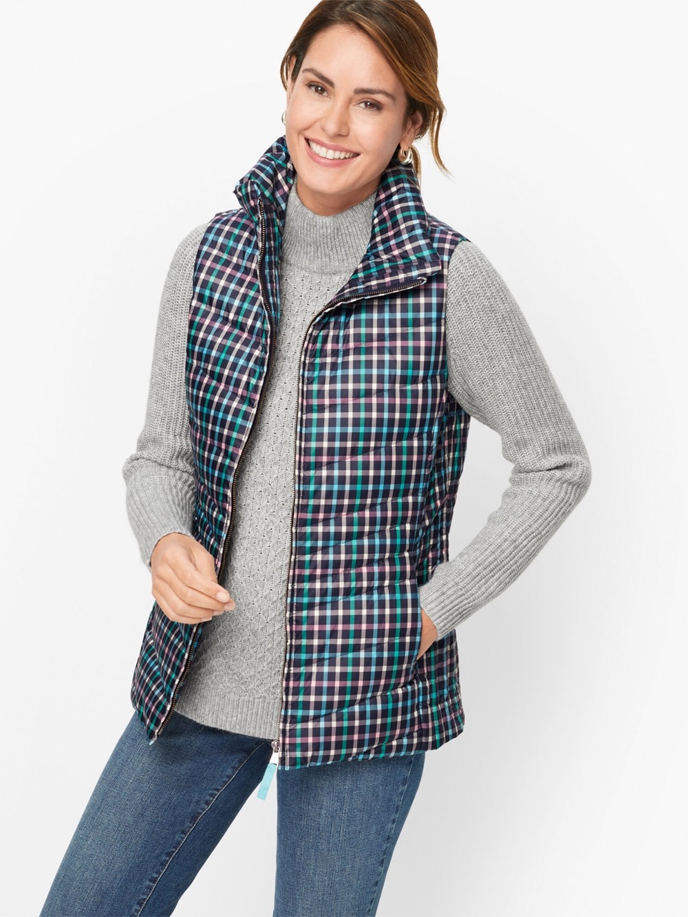 Talbots Down Puffer Vest Boreal Plaid SZ L Classic Preppy Bright Academic